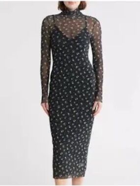 AFRM Black Floral Mesh Midi Dress
